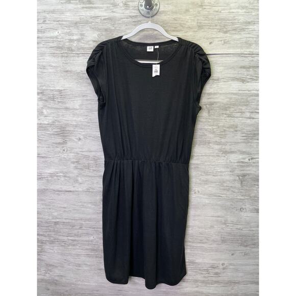 Gap Dress M Womens Black Short Sleeve Pleated Waist Linen Blend Pockets - Picture 1 of 13